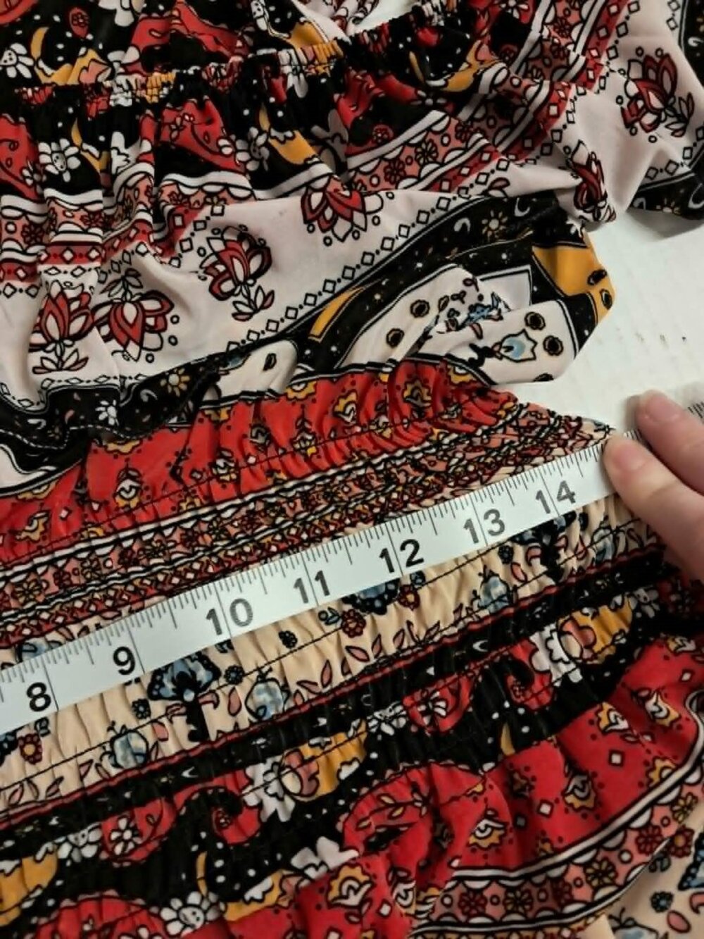 Boho Geometric Print Dress Smocked Waist Ruffle Neckline - Picture 5 of 6